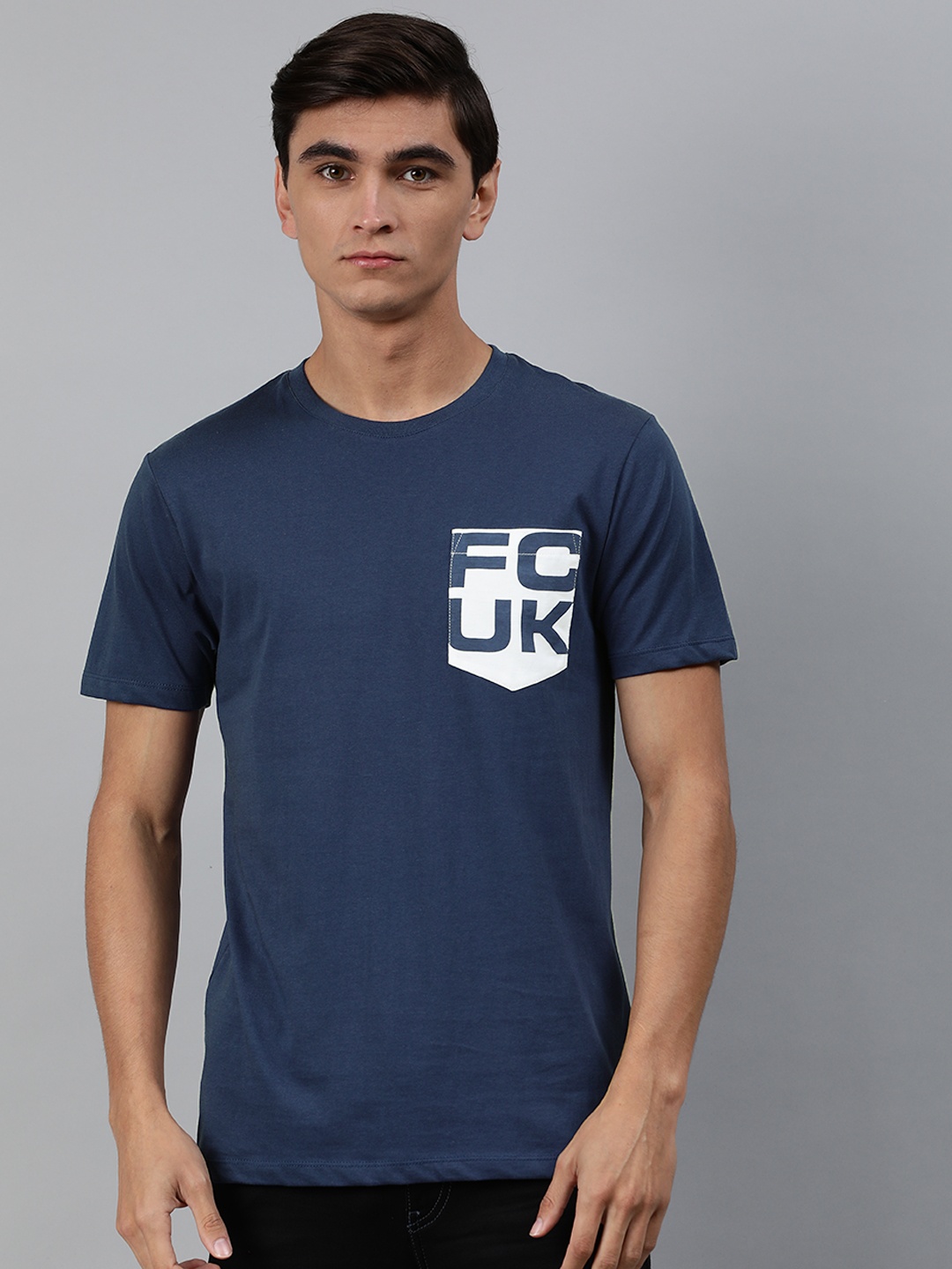 

French Connection Men Navy Blue Printed Round Neck Pure Cotton T-shirt