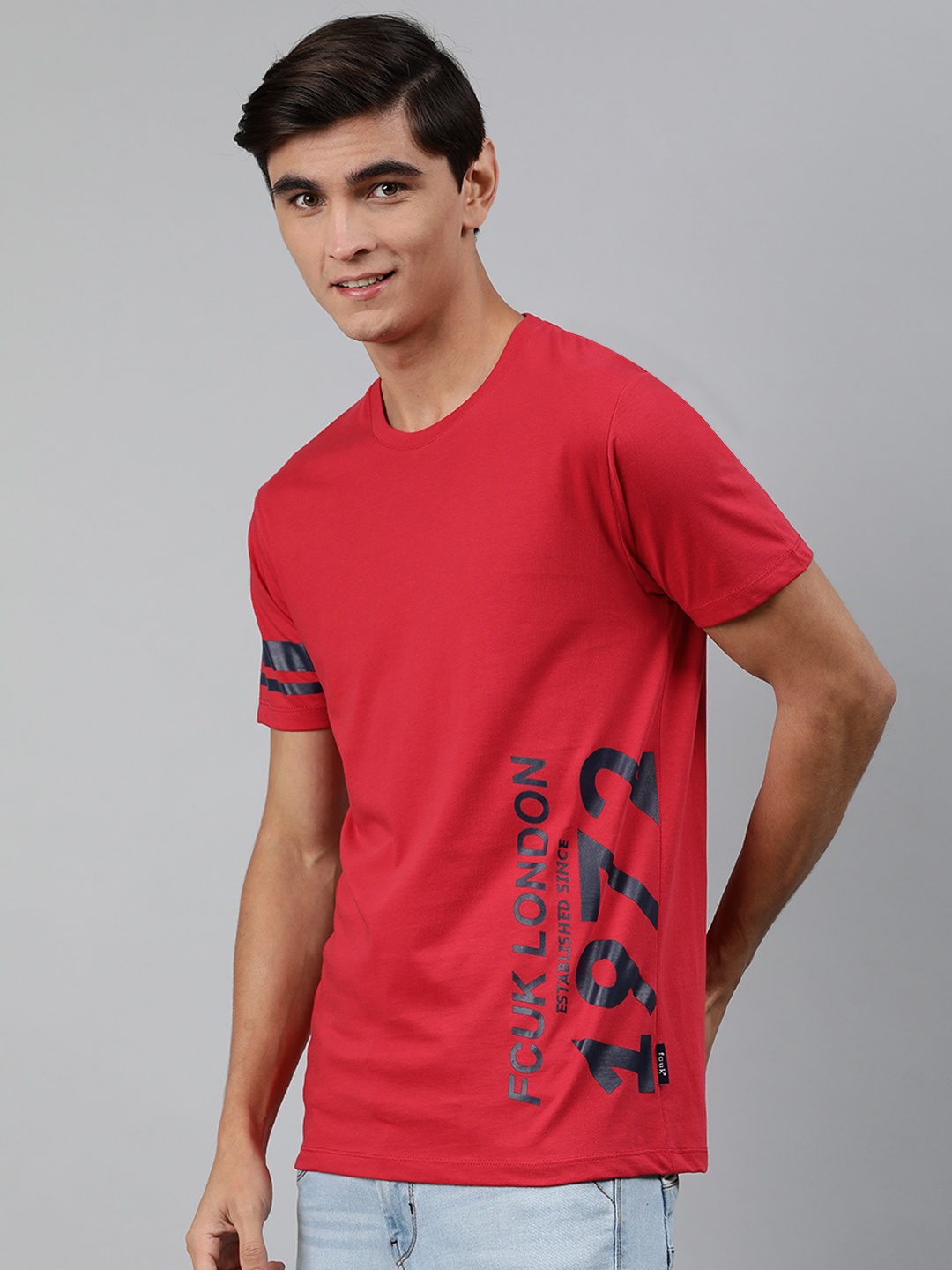 

French Connection Men Red Slim Fit Placement Printed Round Neck Pure Cotton T-shirt