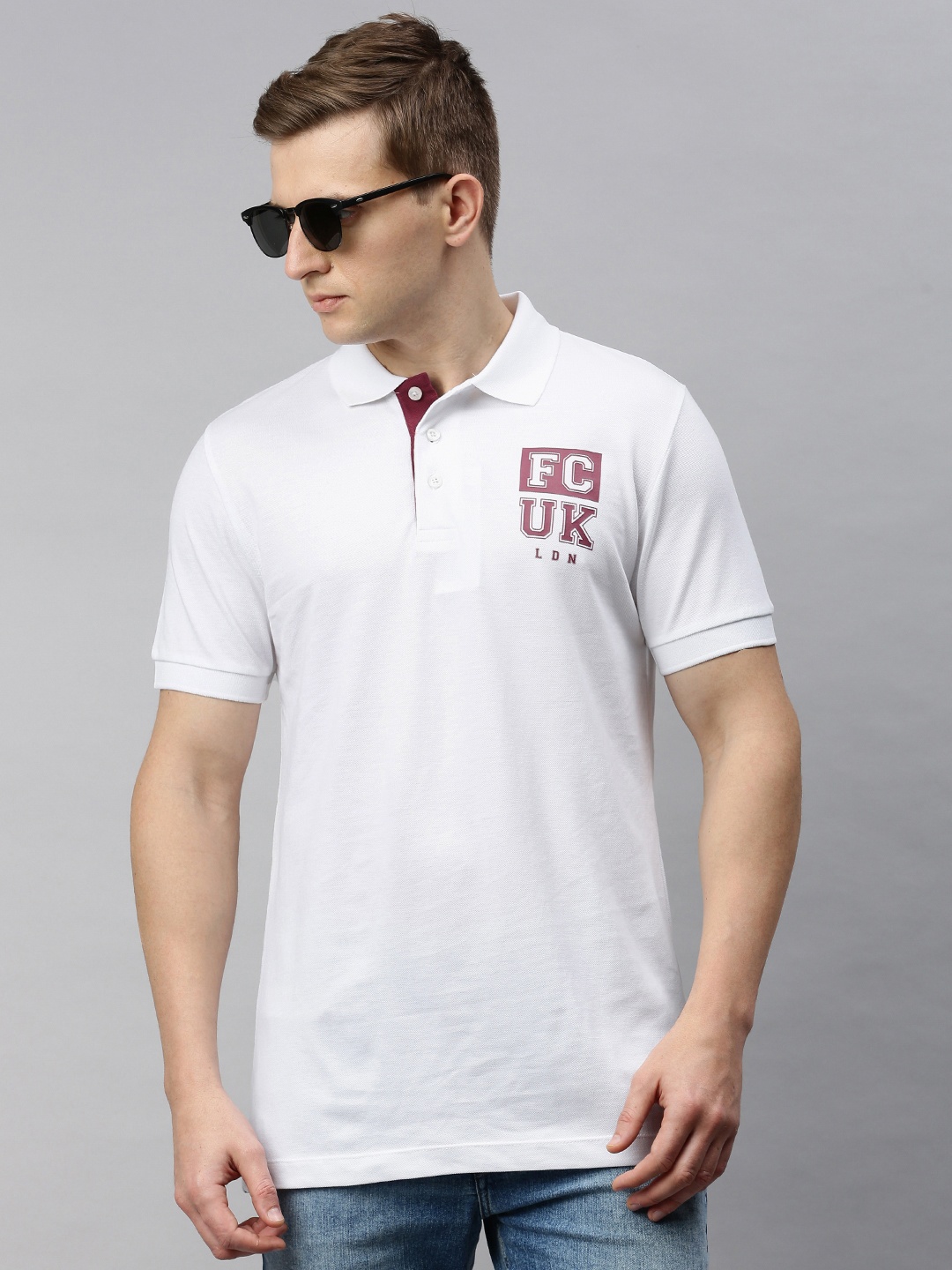 

French Connection Men White Solid Slim Fit Polo Collar Pure Cotton T-shirt