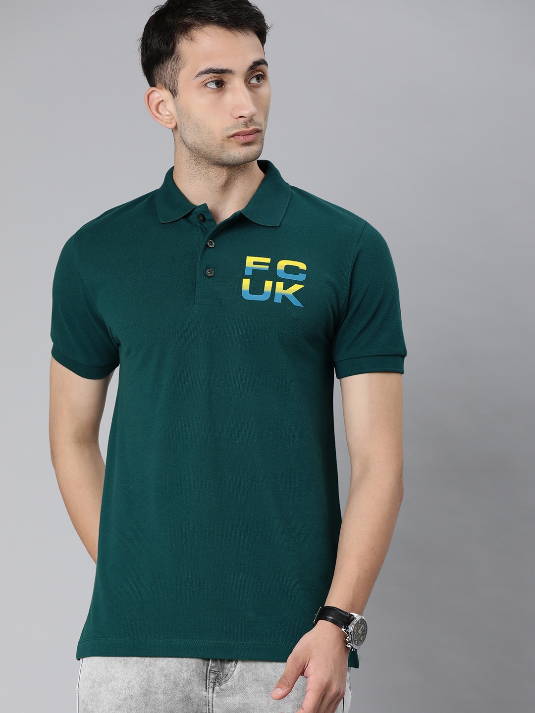 

French Connection Men Green Printed Polo Collar Pure Cotton T-shirt