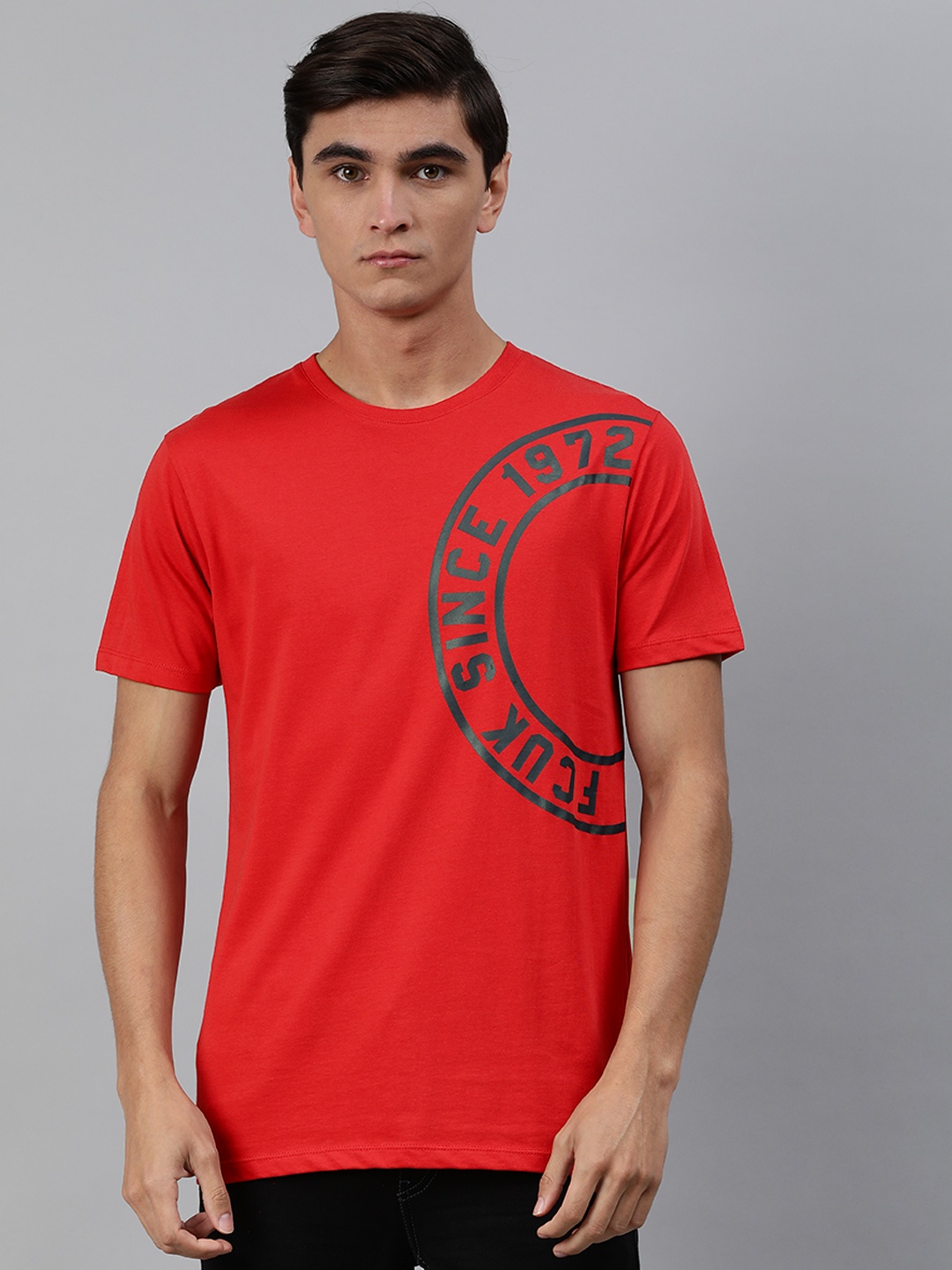 

French Connection Men Red Printed Round Neck Pure Cotton T-shirt