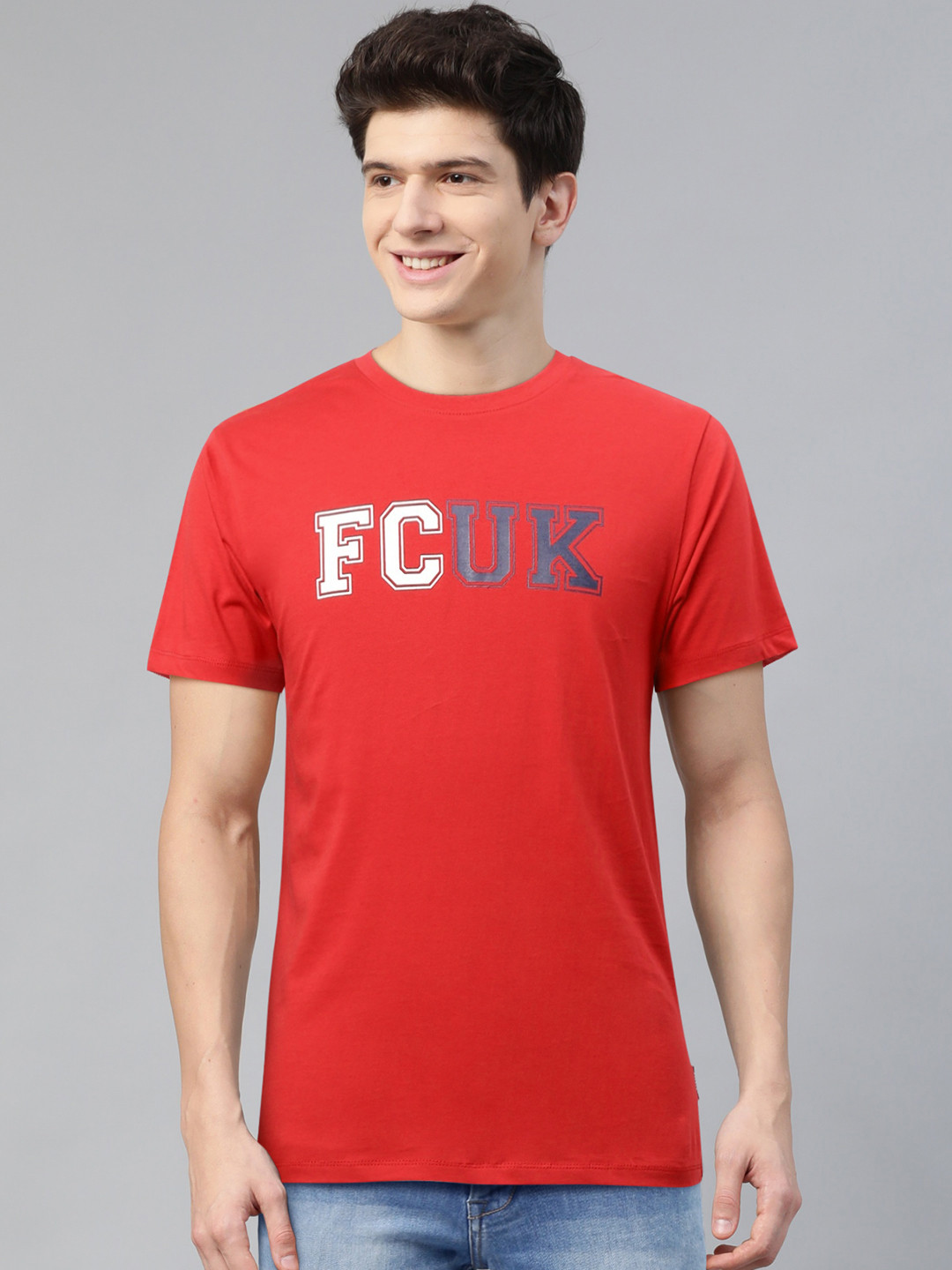 

French Connection Men Red Brand Logo Printed Round Neck T-shirt