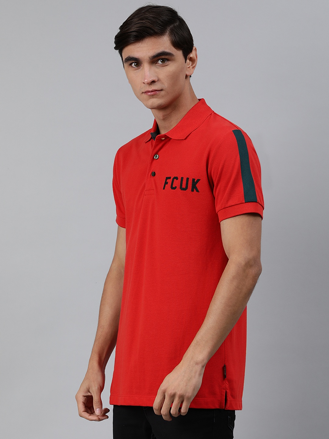 

French Connection Men Orange Solid Polo Collar Side Striped Pure Cotton T-shirt