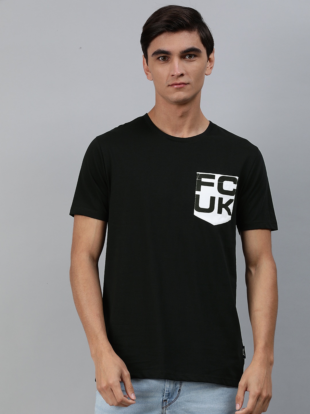 

French Connection Men Black Printed Round Neck Pure Cotton T-shirt