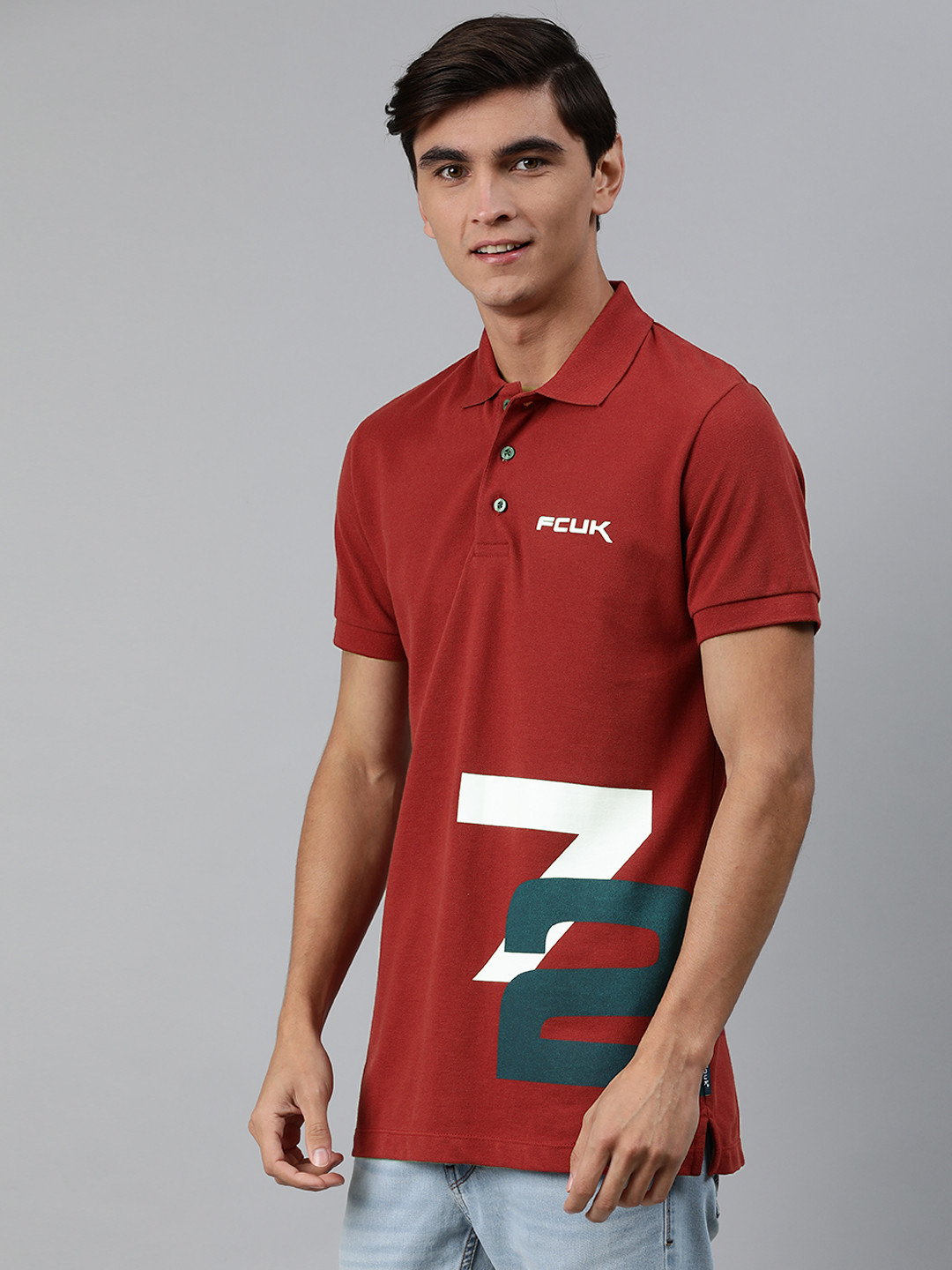 

French Connection Men Maroon Slim Fit Placement Printed Polo Collar Pure Cotton T-shirt
