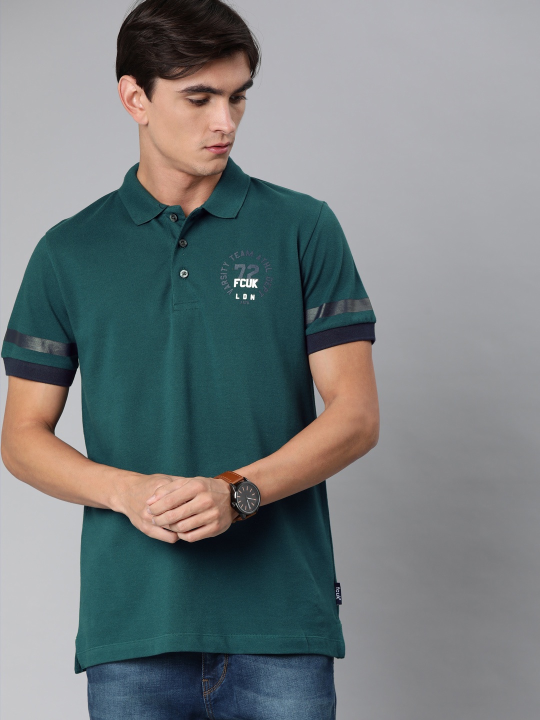 

French Connection Men Green Solid Polo Collar Pure Cotton T-shirt