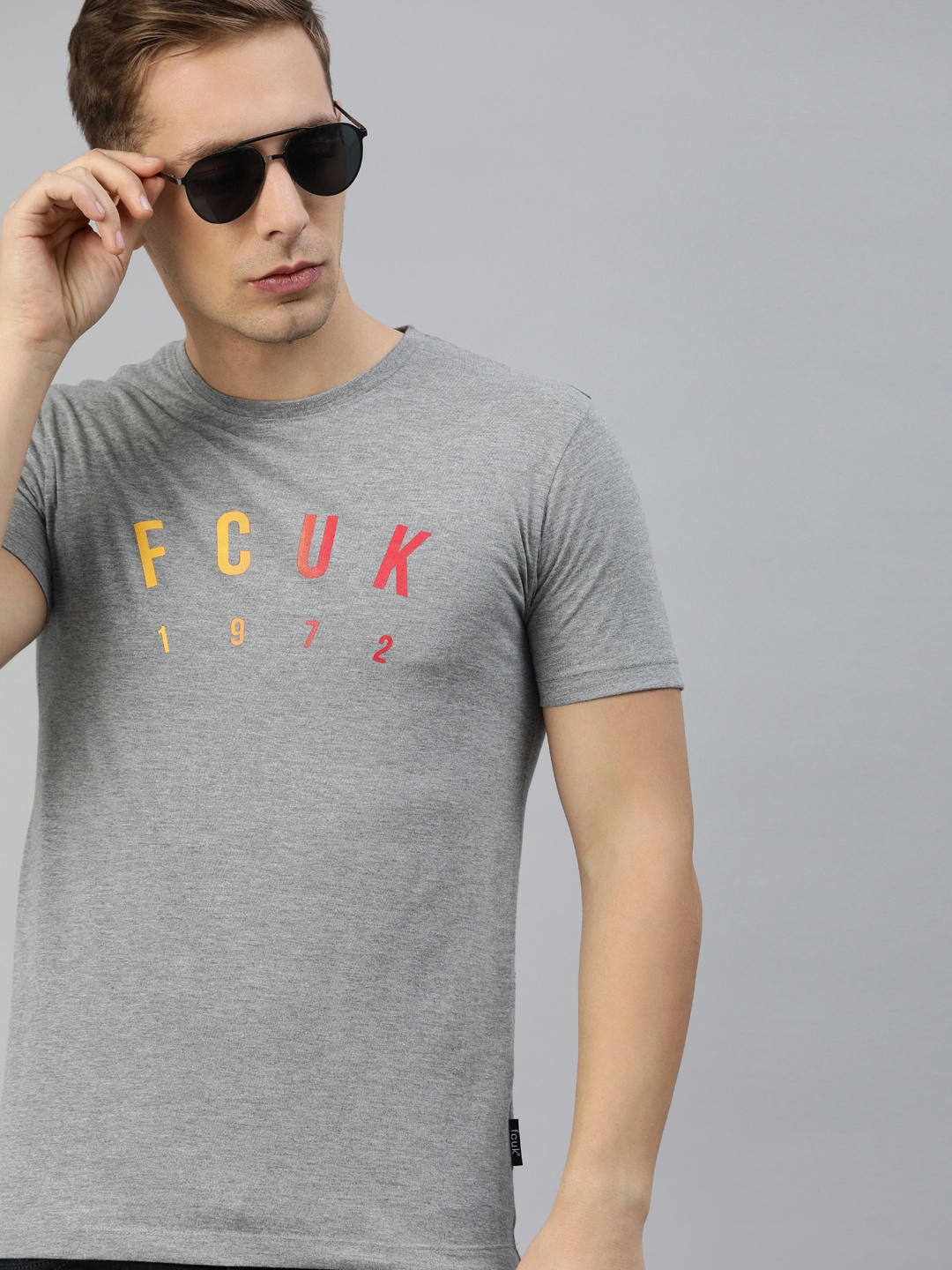 

French Connection Men Grey Melange Printed Round Neck Pure Cotton T-shirt
