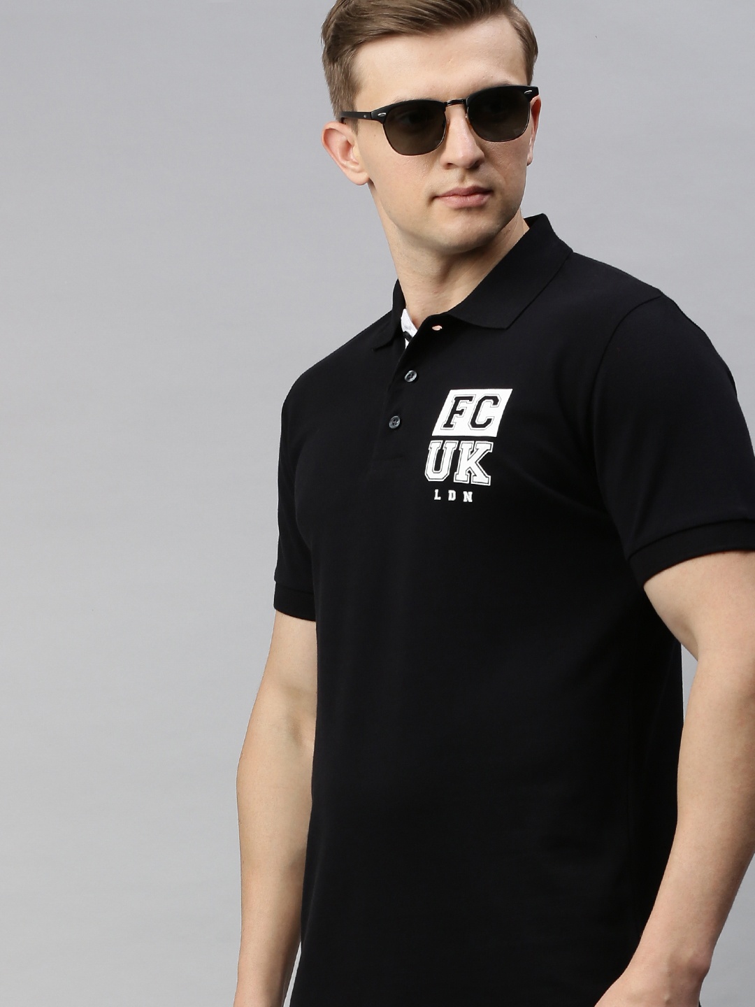 

French Connection Men Black Solid Slim Fit Polo Collar Pure Cotton T-shirt