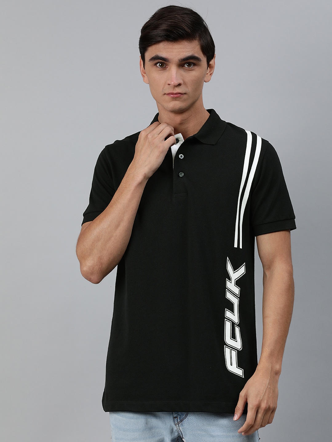 

French Connection Men Black Printed Polo Collar Pure Cotton T-shirt