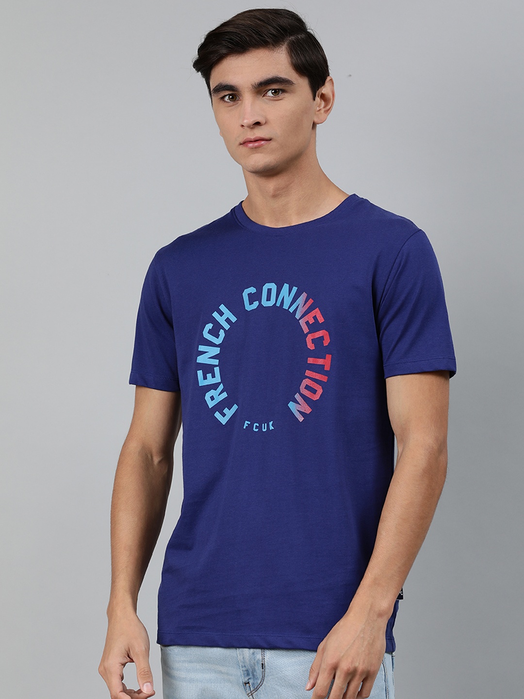 

French Connection Men Blue Slim Fit Printed Round Neck Pure Cotton T-shirt