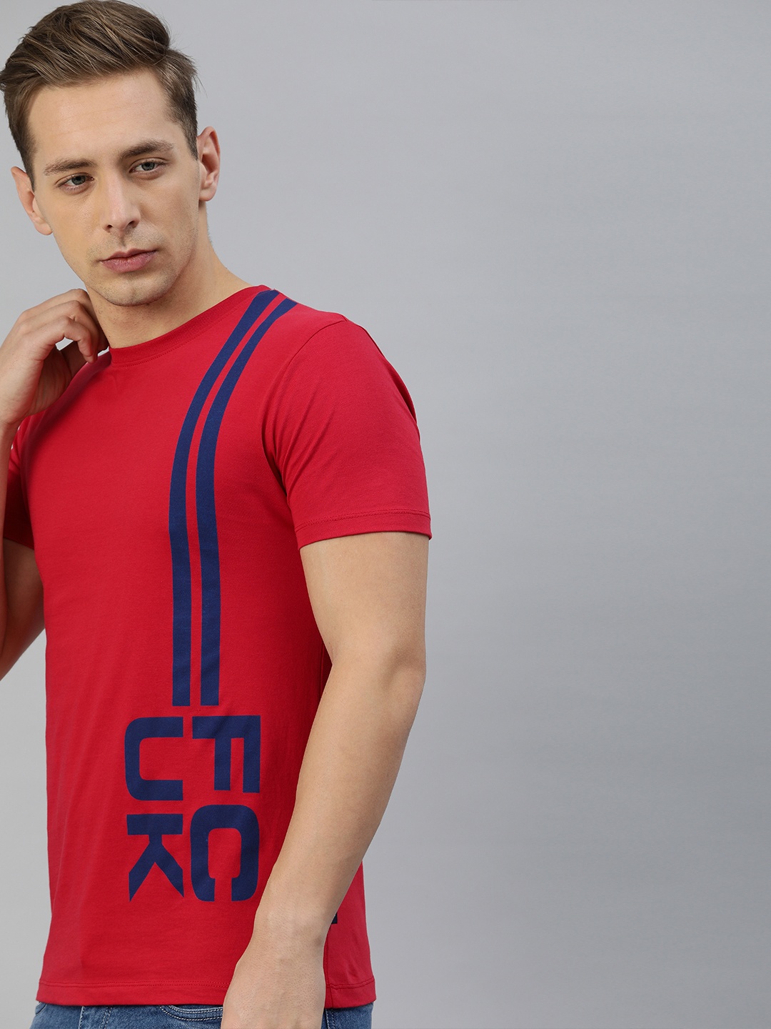 

French Connection Men Red Printed Round Neck Pure Cotton T-shirt