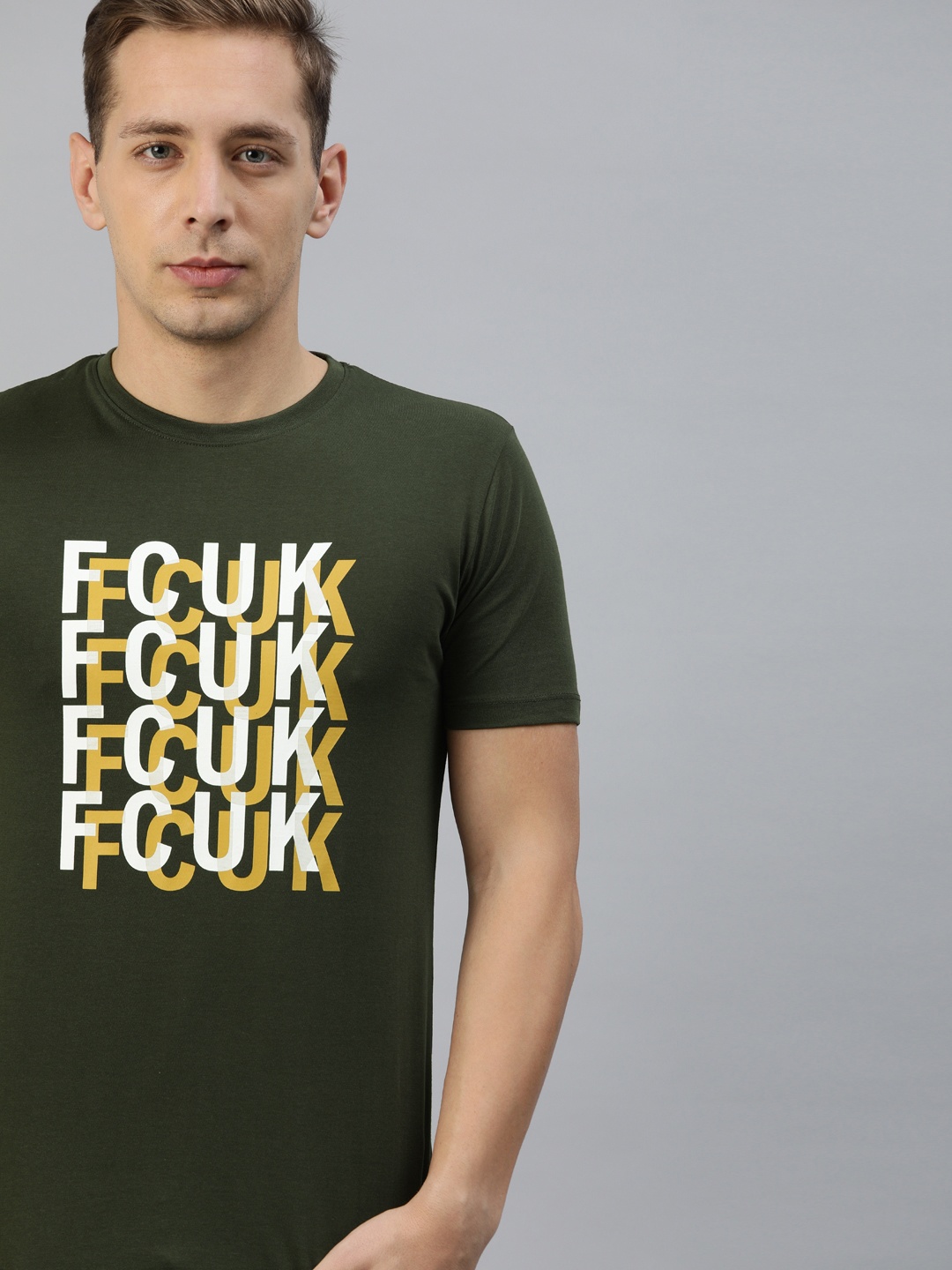 

French Connection Men Green Printed Round Neck Pure Cotton T-shirt