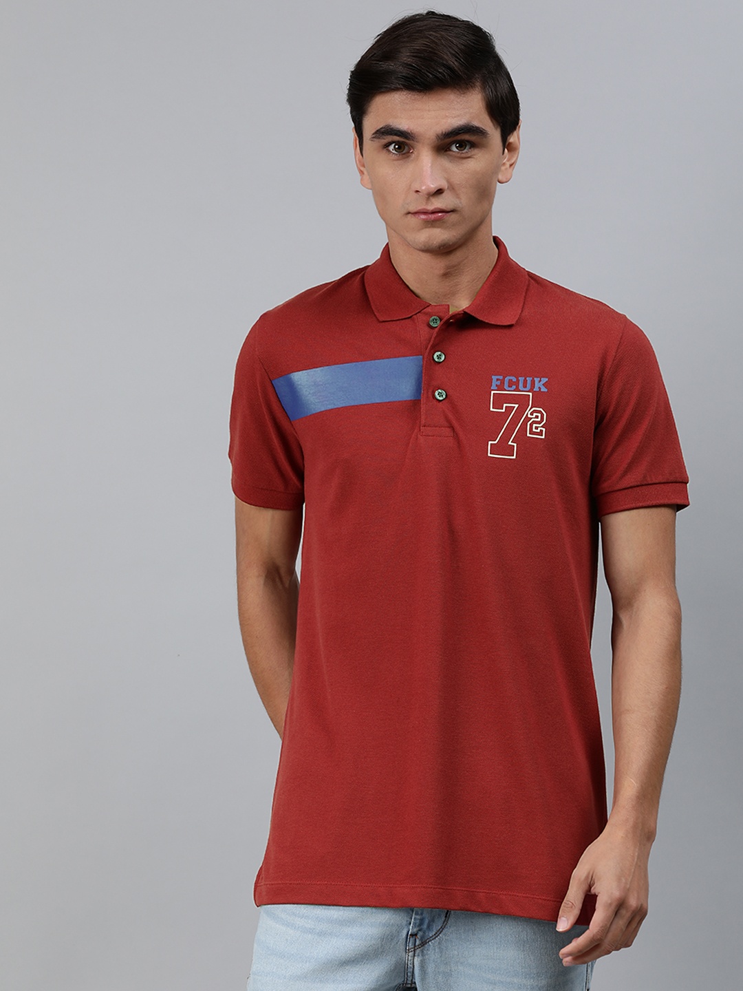 

French Connection Men Maroon Slim Fit Printed Polo Collar Pure Cotton T-shirt