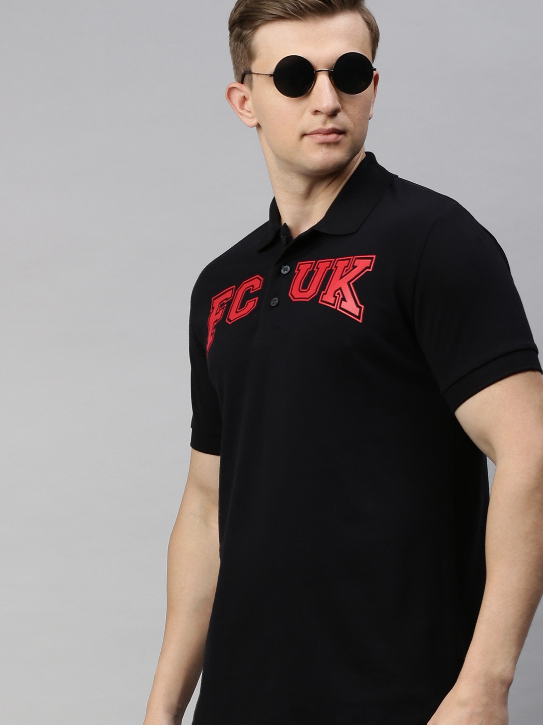 

French Connection Men Black Printed Slim Fit Polo Collar Pure Cotton T-shirt