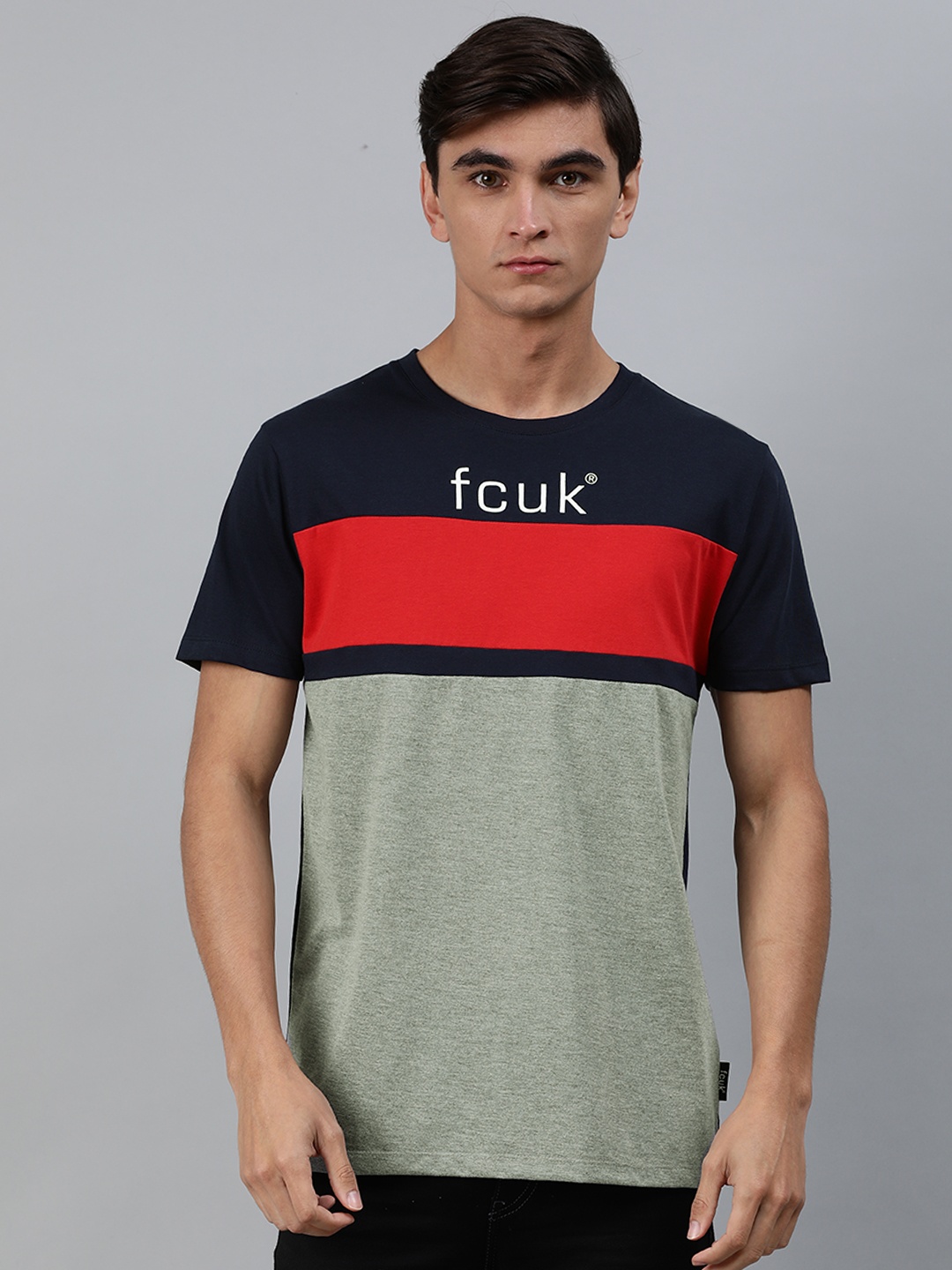 

French Connection Men Grey Red Colourblocked Round Neck Pure Cotton T-shirt