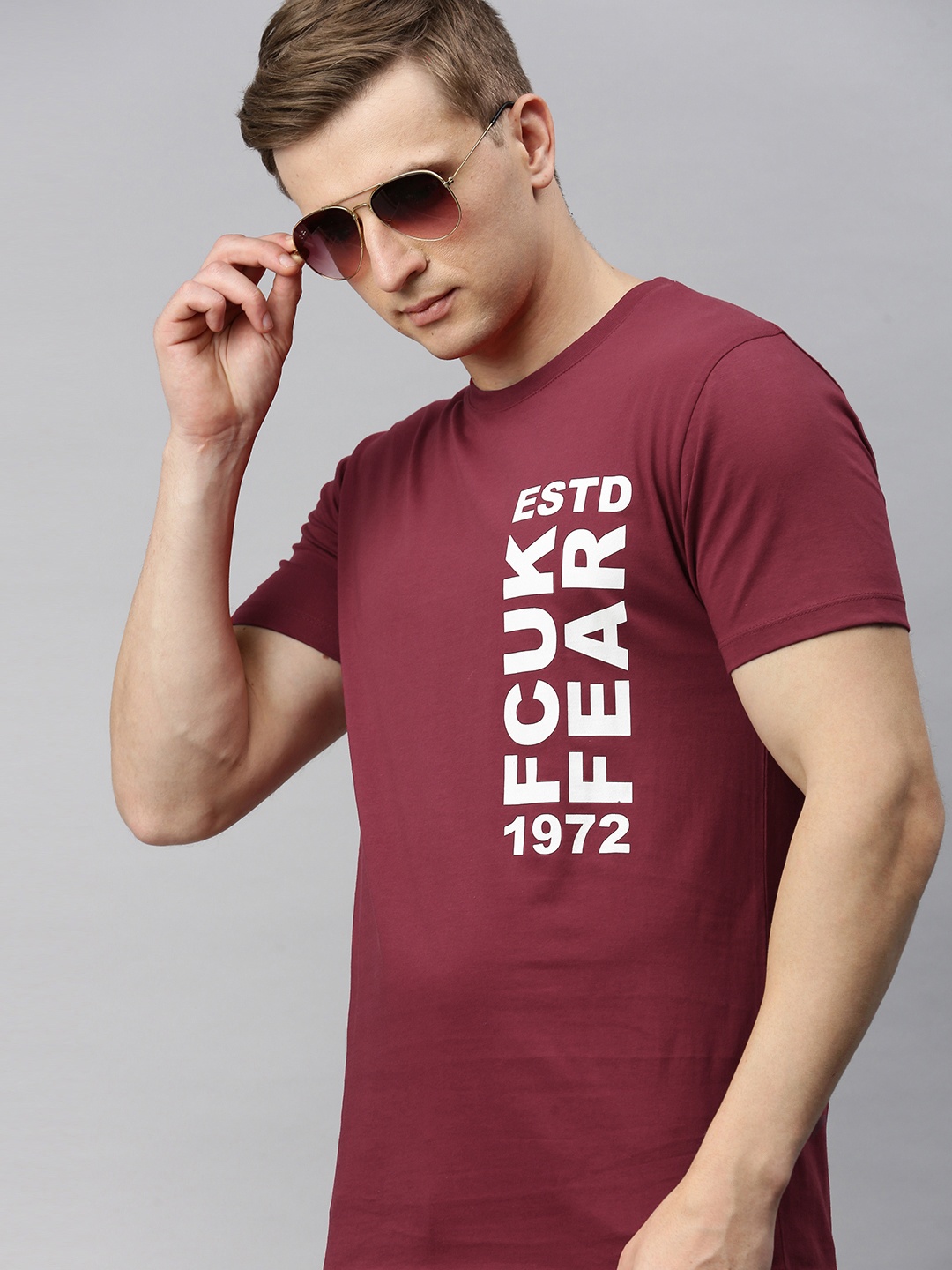 

French Connection Men Maroon Printed Slim Fit Round Neck Pure Cotton T-shirt