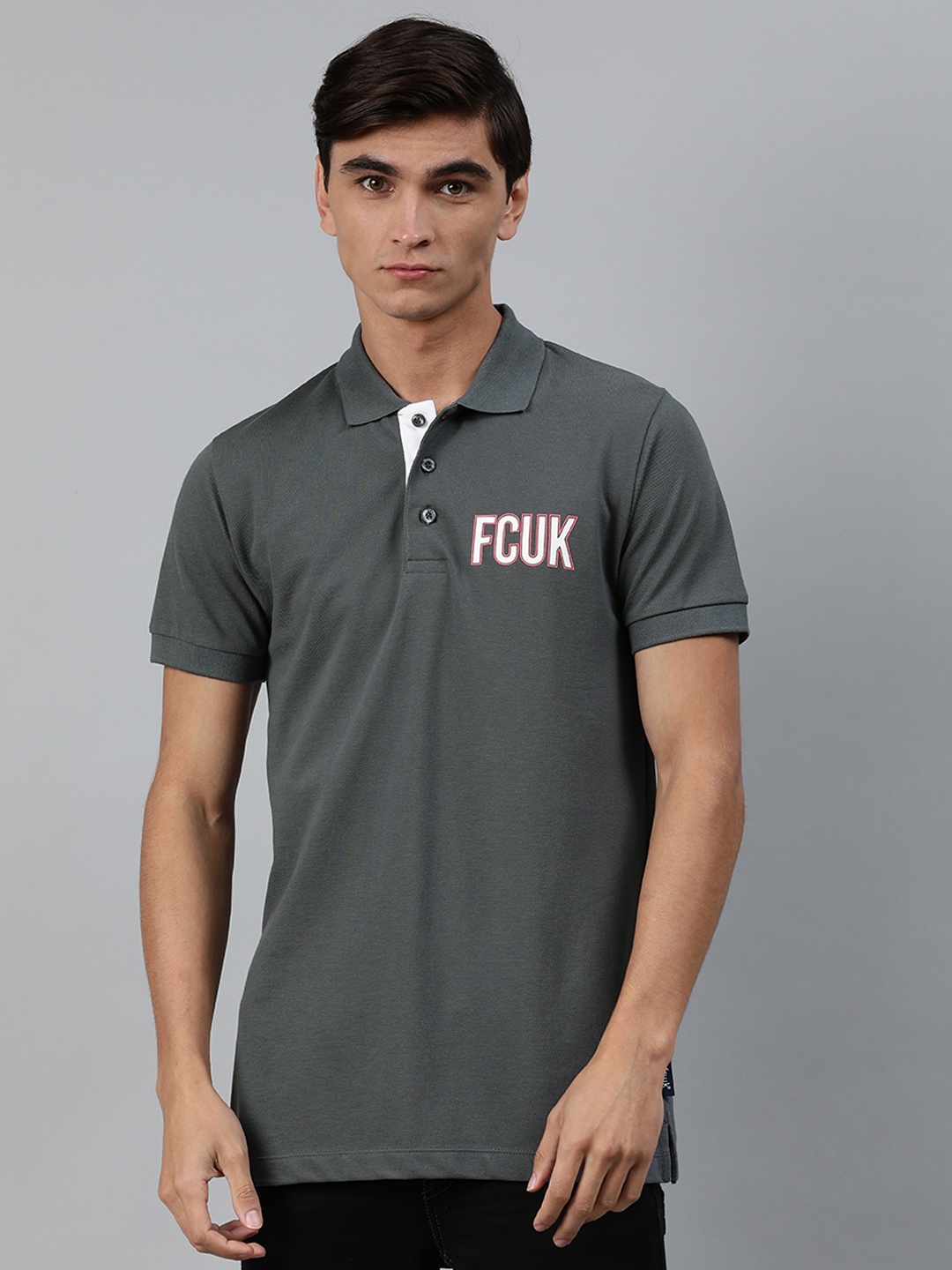 

French Connection Men Grey Solid Polo Collar Pure Cotton T-shirt