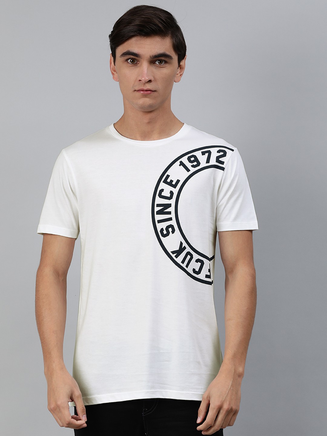 

French Connection Men White Printed Round Neck Pure Cotton T-shirt