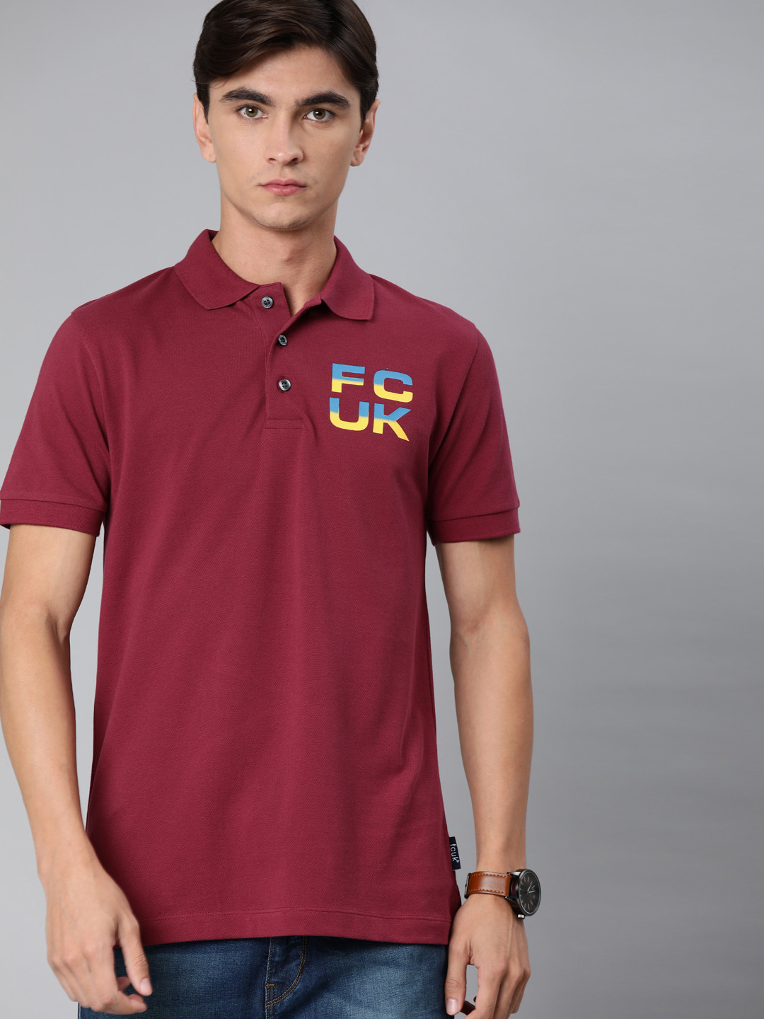 

French Connection Men Maroon Printed Polo Collar Pure Cotton T-shirt