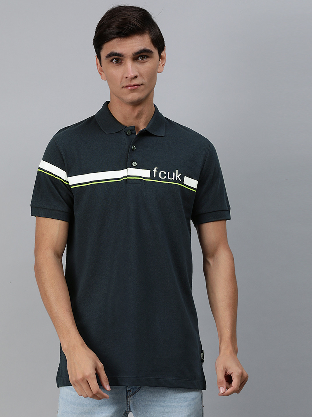 

French Connection Men Navy Blue Striped Polo Collar Pure Cotton T-shirt