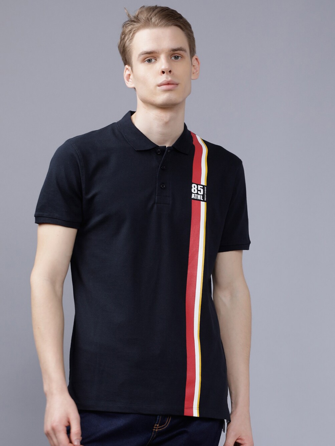 

The Indian Garage Co Men Navy Blue & Red Striped Polo Collar T-shirt