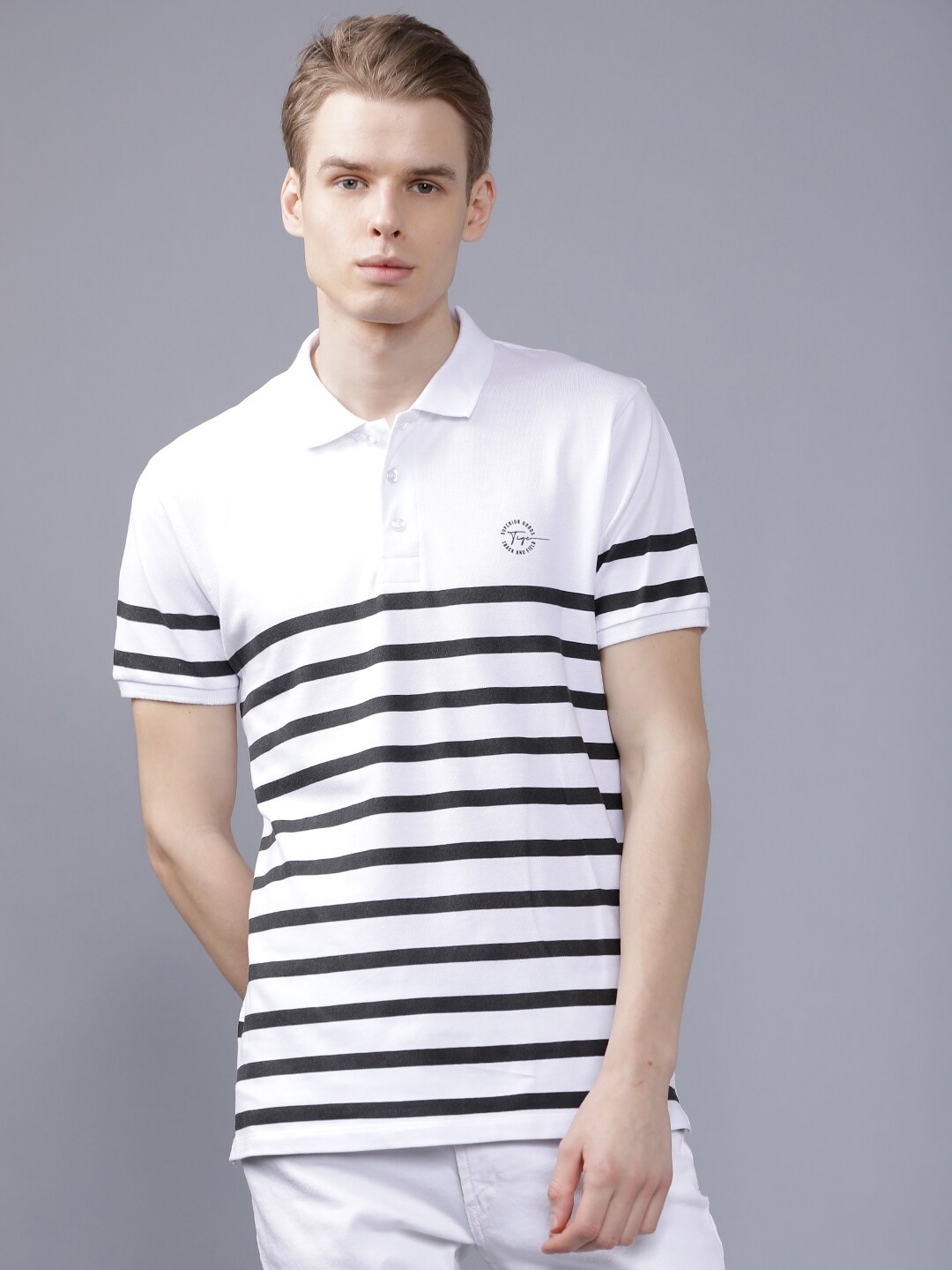 

The Indian Garage Co Men White & Black Striped Polo Collar T-shirt