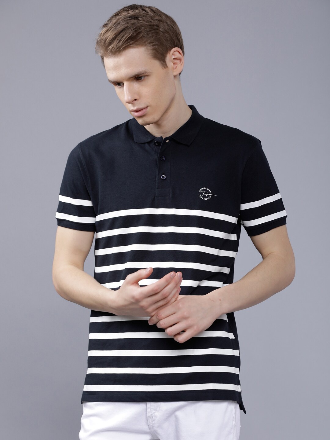 

The Indian Garage Co Men Navy Blue 7 White Striped Polo Collar Slim Fit T-shirt