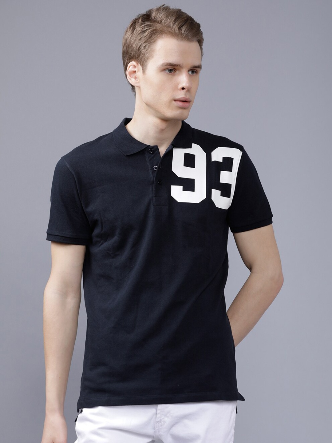 

The Indian Garage Co Men Navy Blue Solid Polo Collar T-shirt