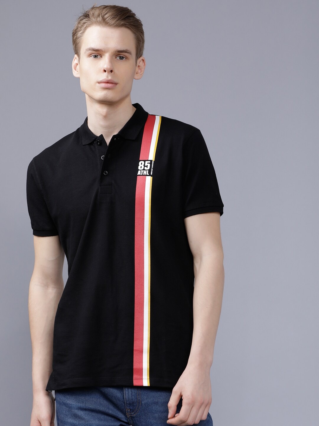 

The Indian Garage Co Men Black Striped Polo Collar T-shirt