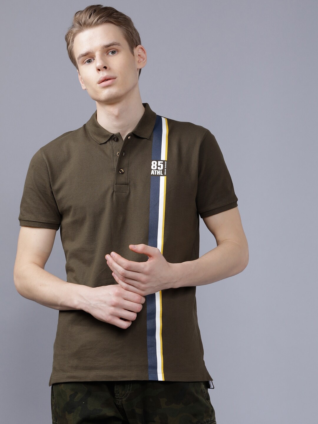 

The Indian Garage Co Men Olive Brown Striped Polo Collar T-shirt