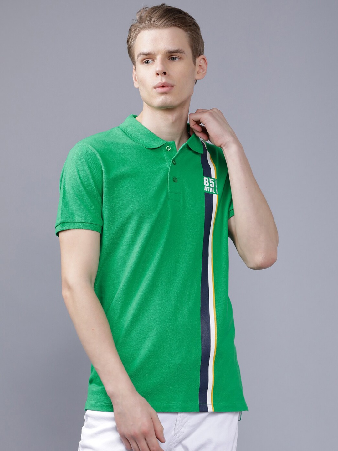 

The Indian Garage Co Men Green Striped Polo Collar T-shirt