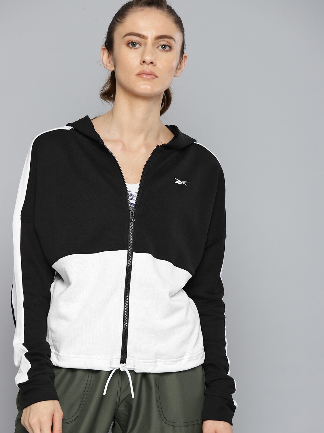 

Reebok Women Black Colourblocked Hooded Training Sweatshirt