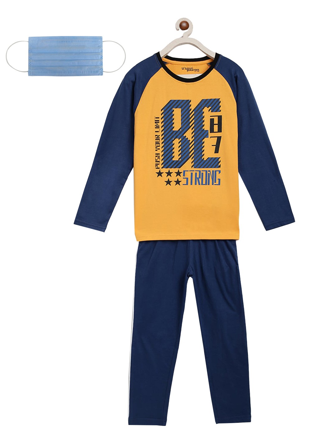 

Lil Tomatoes Boys Mustard Yellow Navy Blue Printed Night Suit