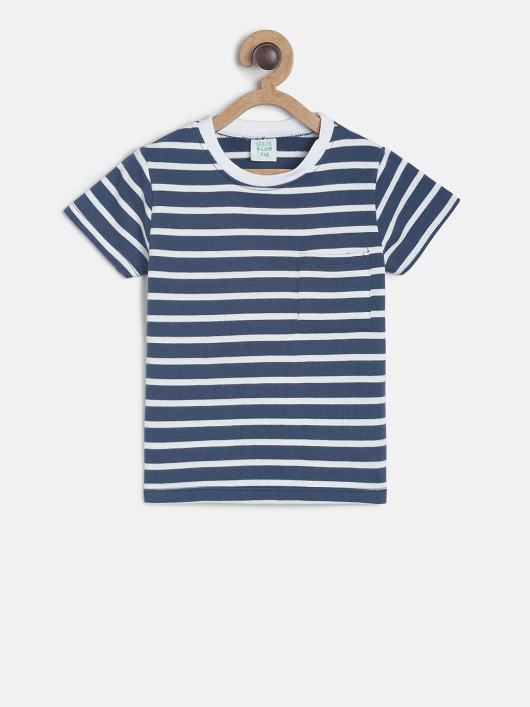 

MINI KLUB Boys Navy Blue White Striped Round Neck Pure Cotton T-shirt