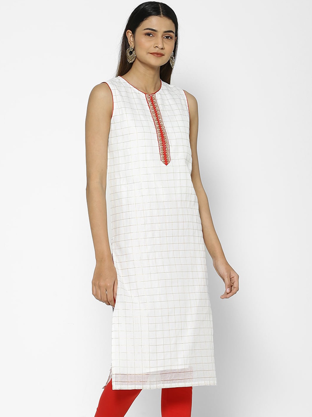 

Saaki Women White & Yellow Checked Straight Kurta