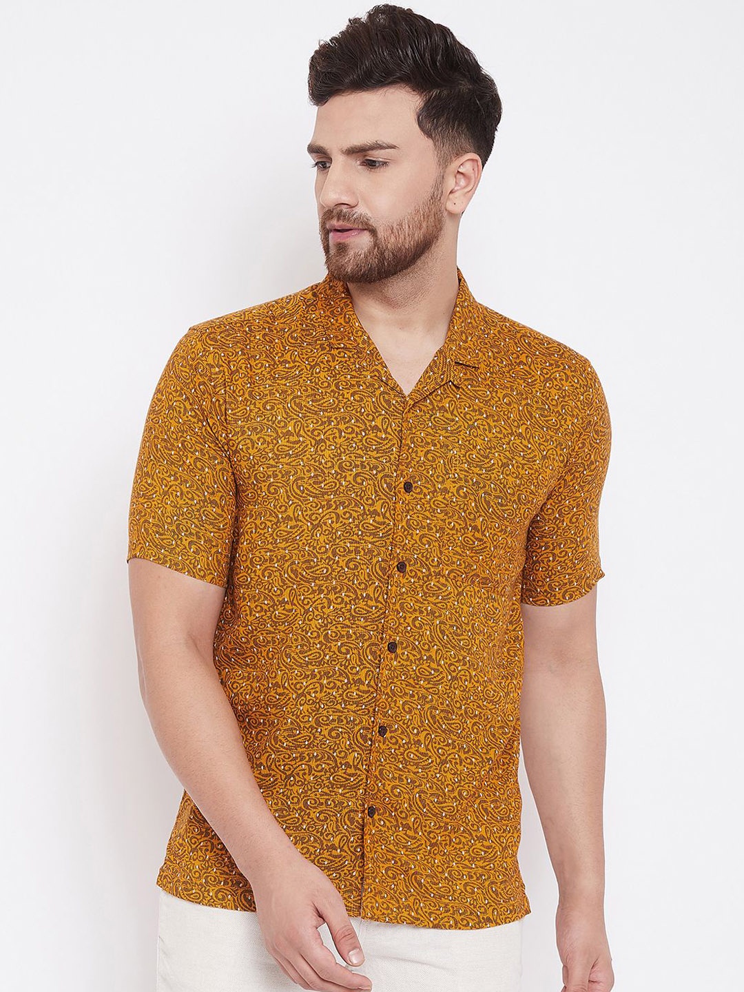 

even Men Mustard Yellow Slim Fit Printed Casual Shirt