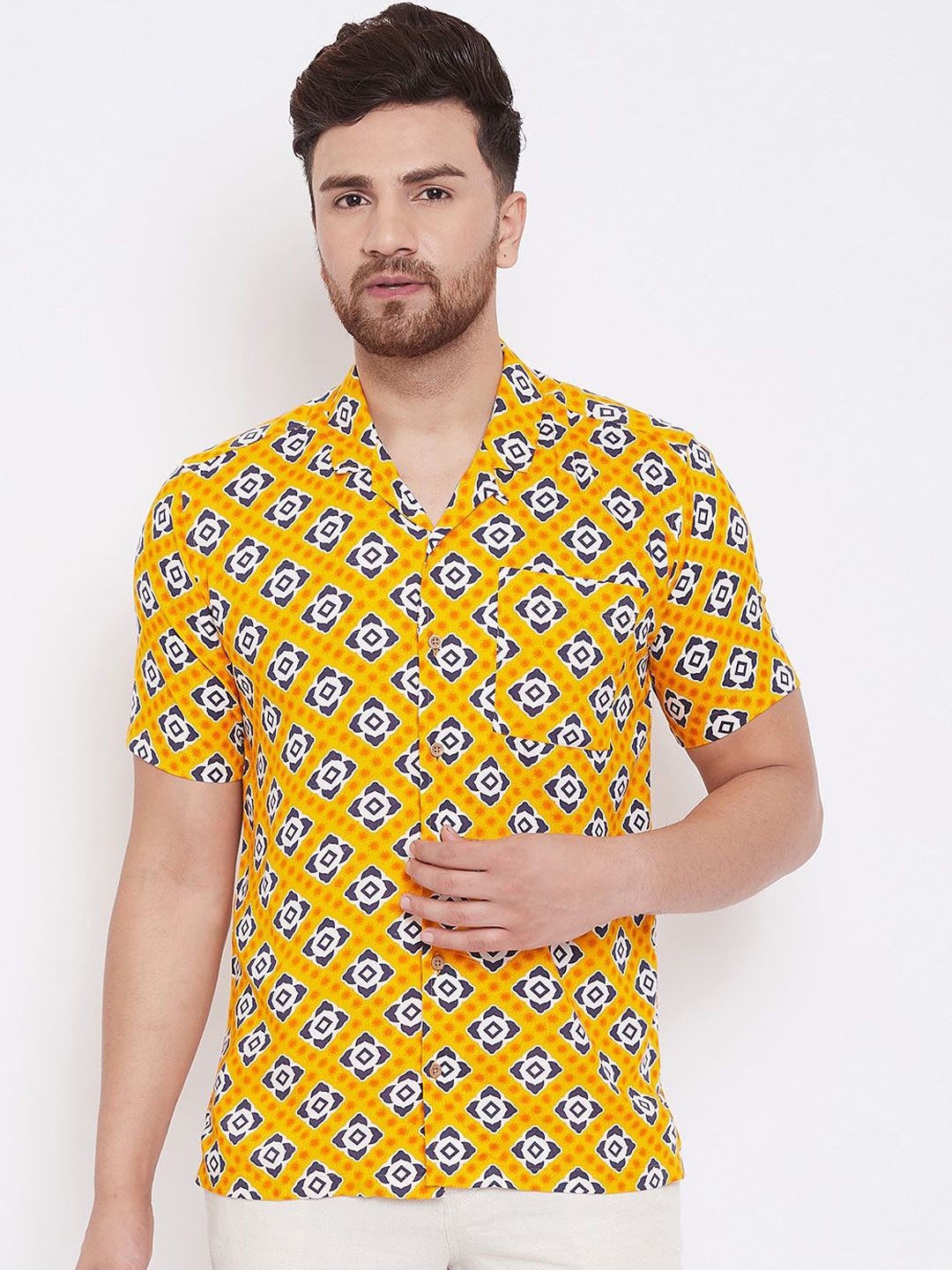 

even Men Yellow & Navy Blue Slim Fit Printed Casual Shirt