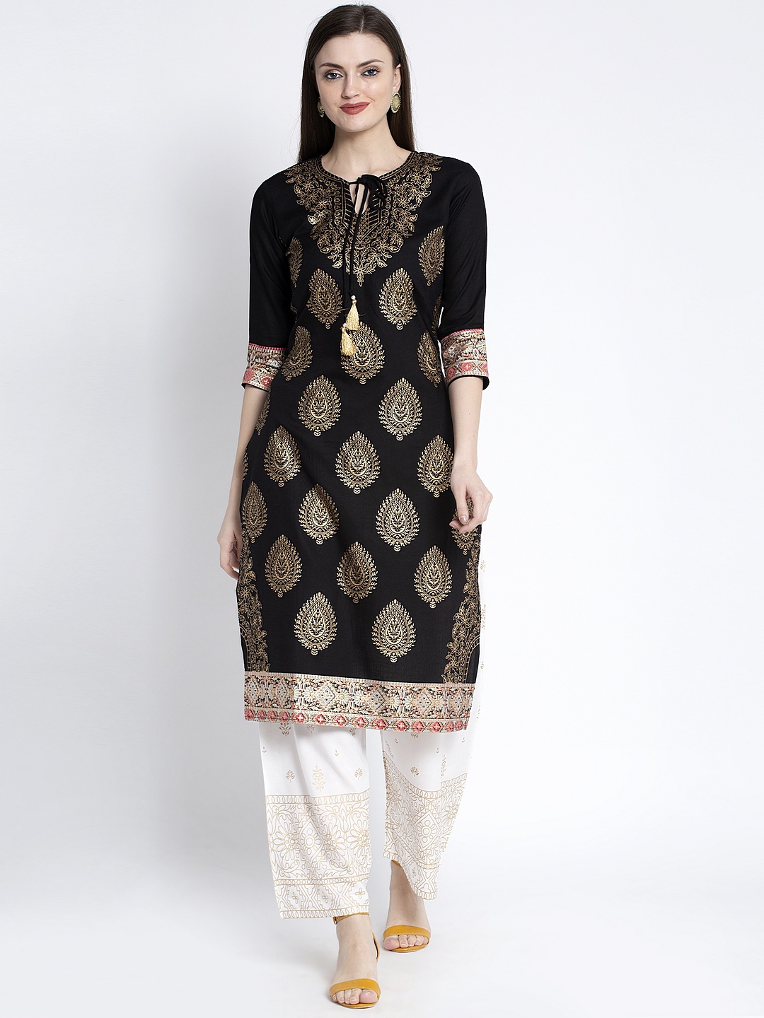 

ANAISA Women Black & Gold-Toned Woven Design Kurta with Palazzos