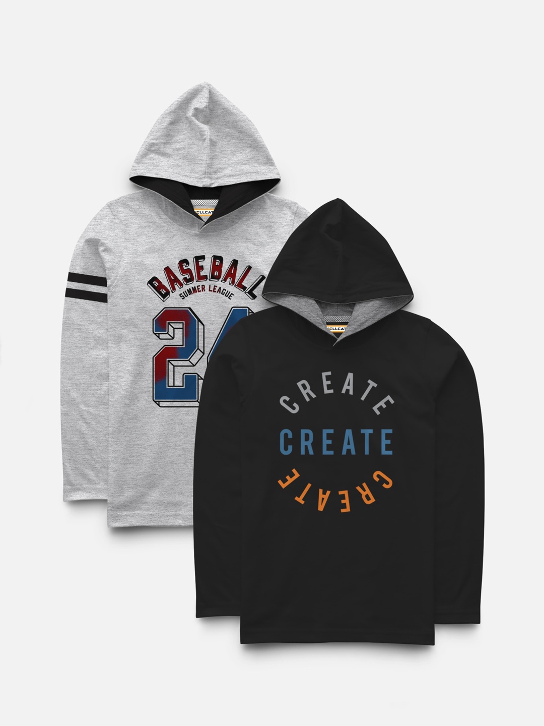 

HELLCAT Boys Pack of 2 Black & Grey Printed Hood T-shirt