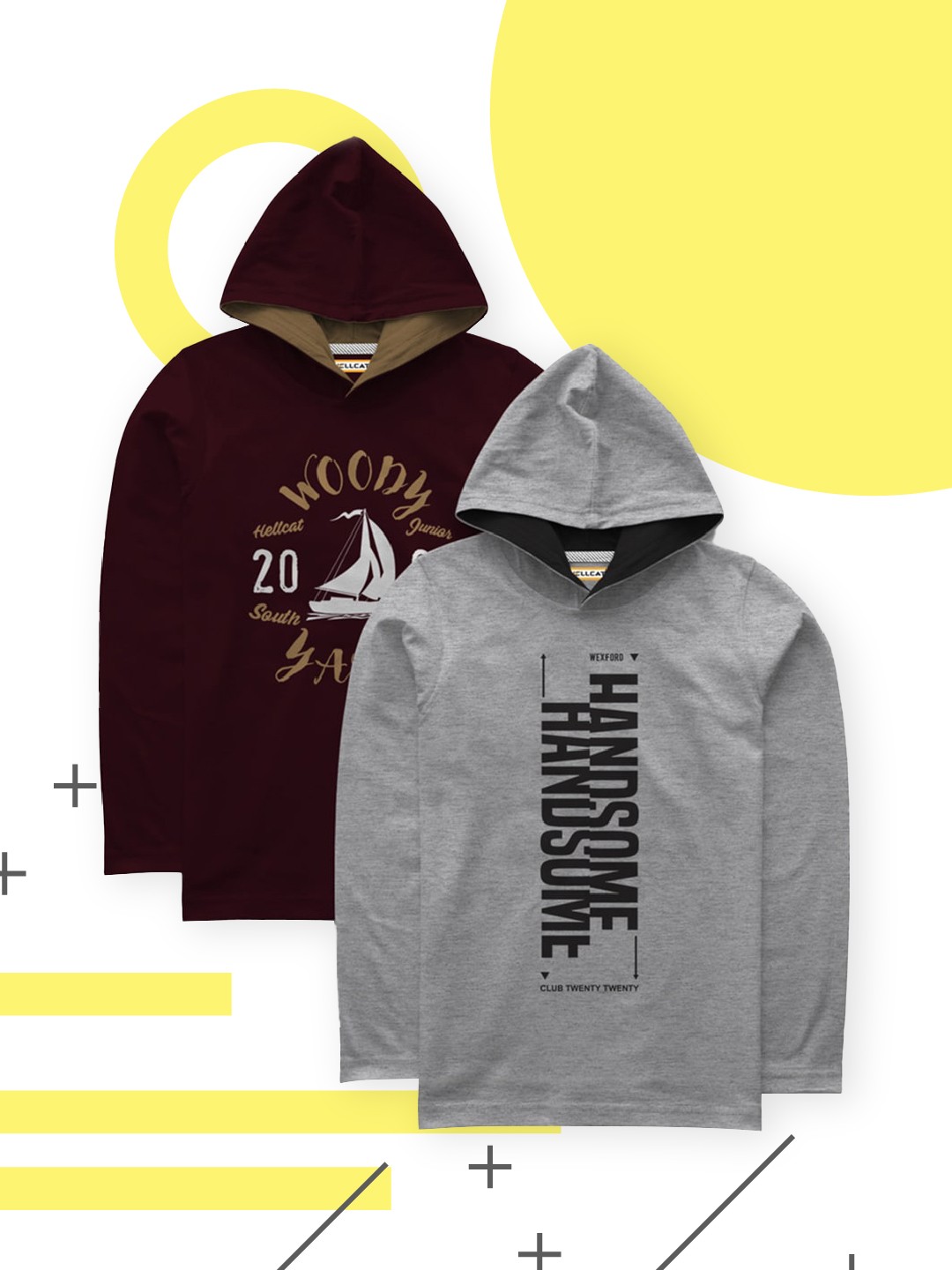 

HELLCAT Boys Maroon & Grey Melange Pack of 2 Printed Hood T-shirt