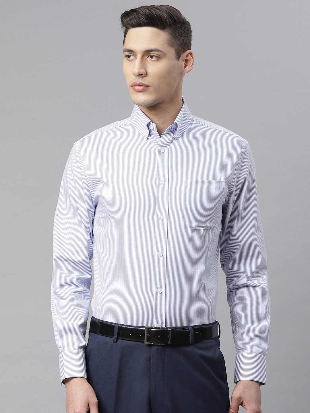 

Marks & Spencer Men Blue & White Pure Cotton Regular Fit Striped Formal Shirt