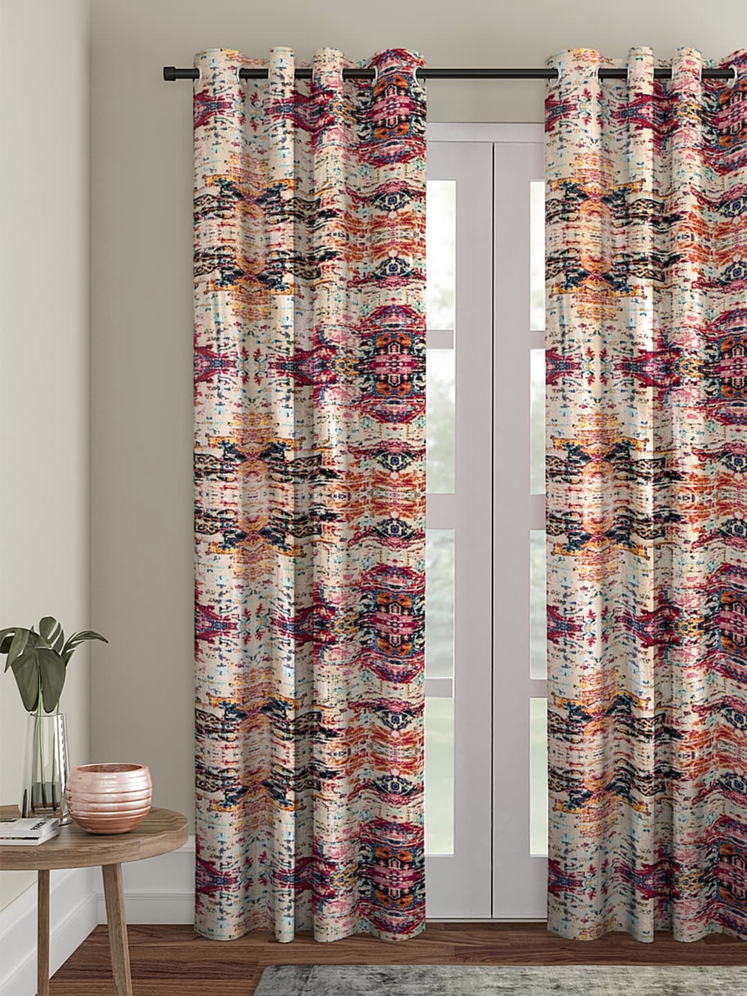 

eyda Beige & Maroon Abstract Printed Single Door Curtain