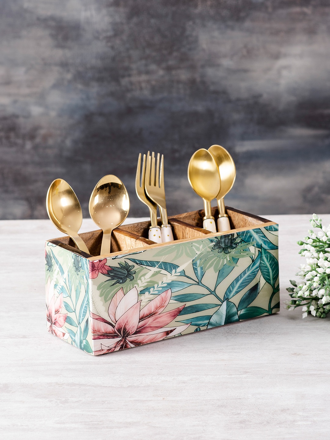 

nestroots Mango Wood Green & Pink Floral Printed Cutlery Holder, Beige