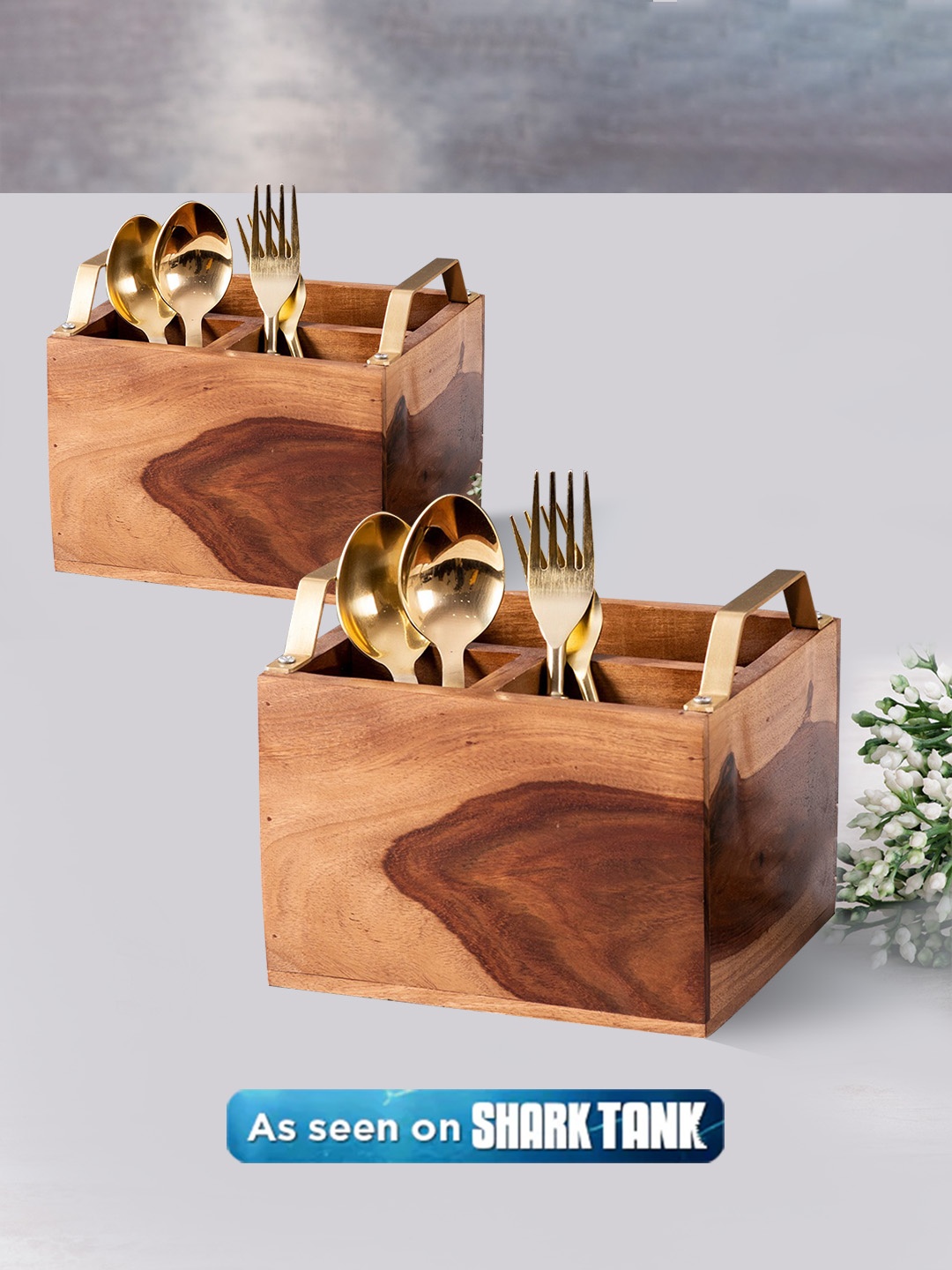 

nestroots Brown Set of 2 Cutlery Holder Spoon Stand With Brass Handle