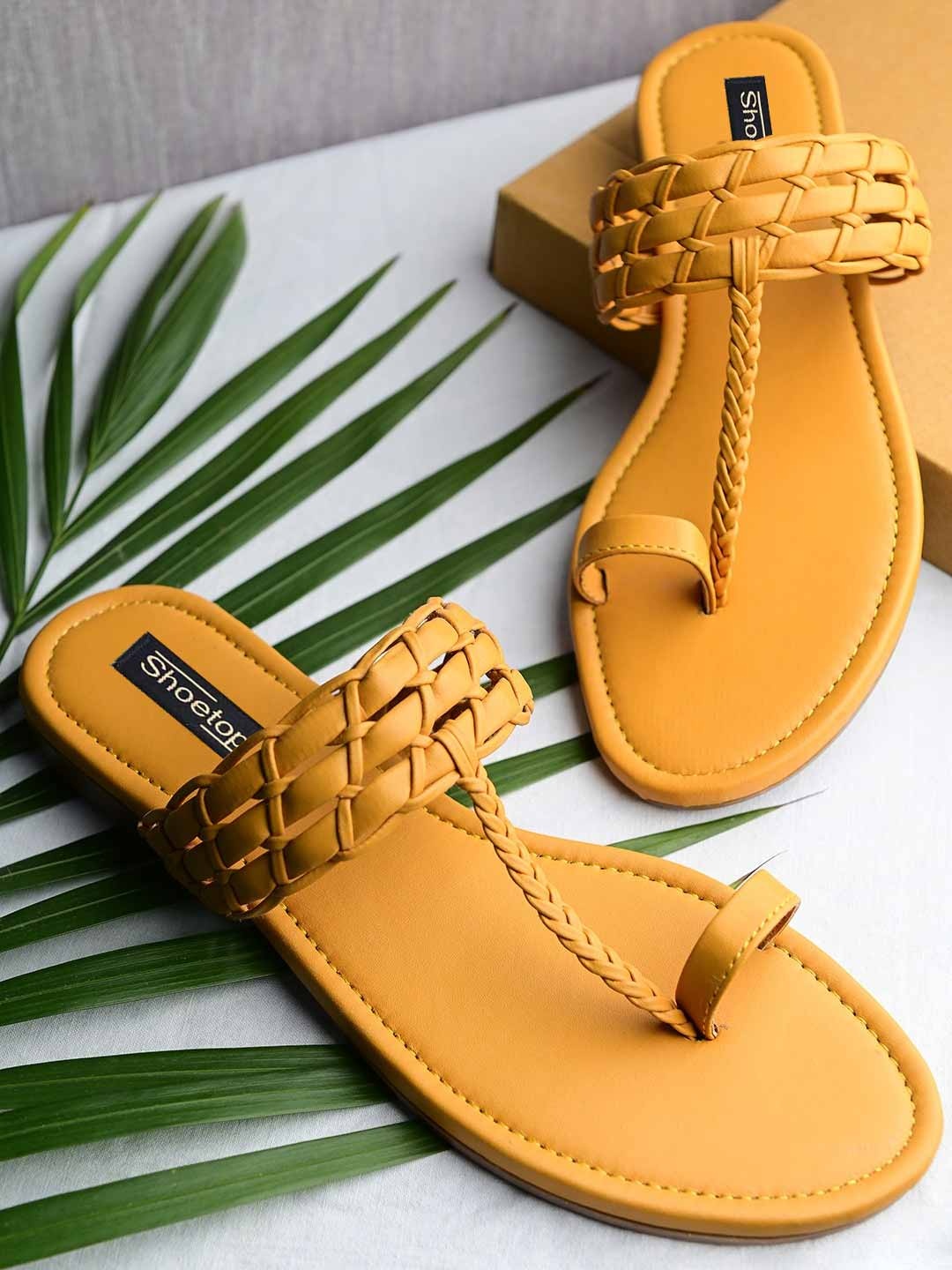 

Shoetopia Women Yellow Woven Design T-Strap Flats