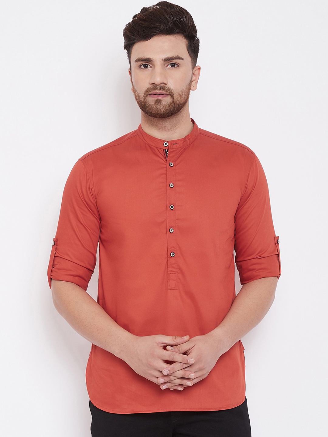 

even Men Rust Red Solid Straight Kurta