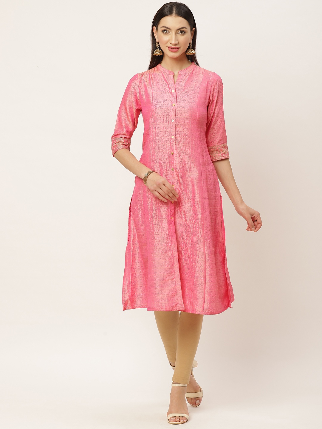 

ZIZO By Namrata Bajaj Women Pink & Golden Dual-Toned Woven Design A-Line Kurta