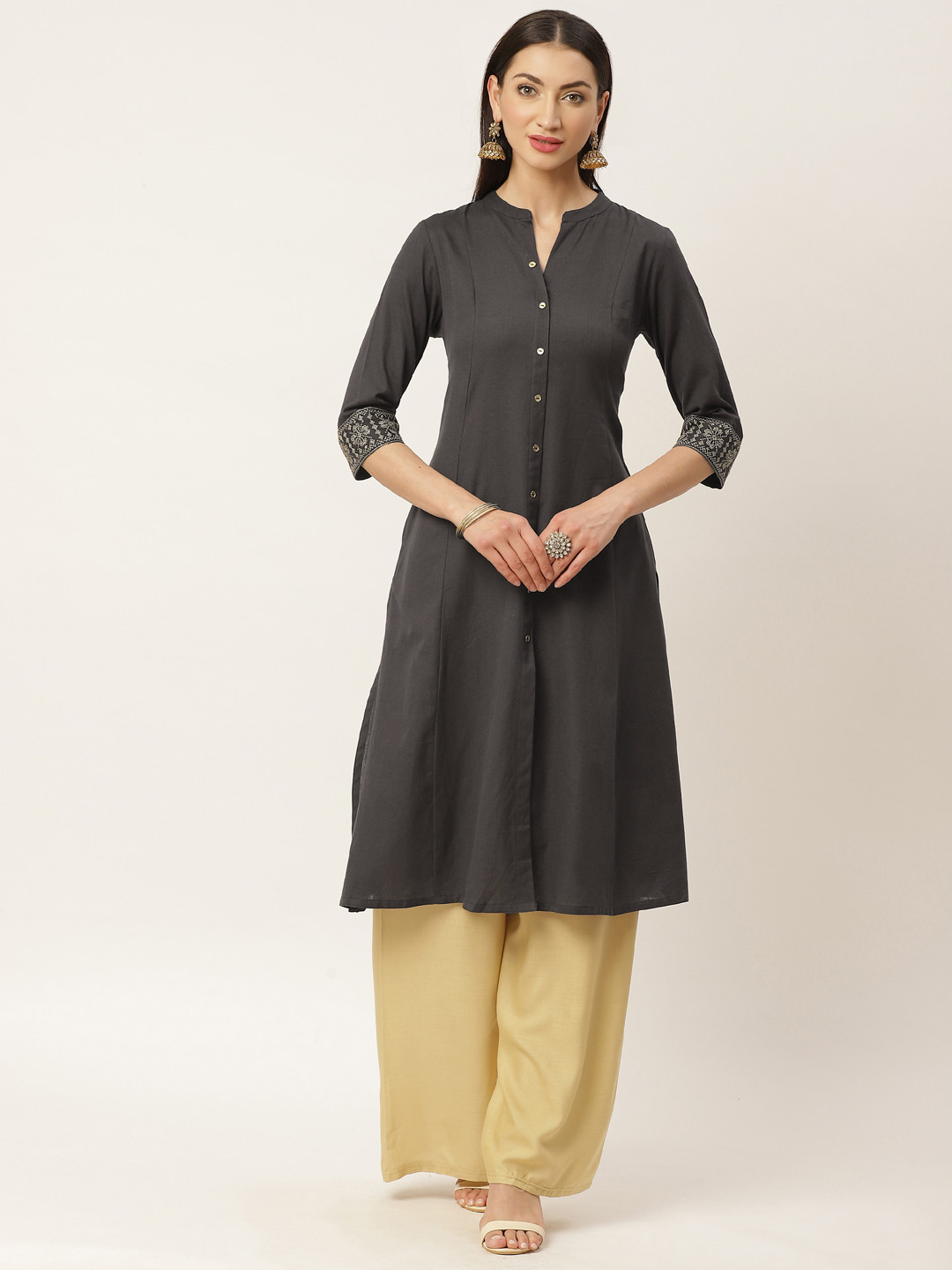 

ZIZO By Namrata Bajaj Women Charcoal Grey Solid A-Line Kurta