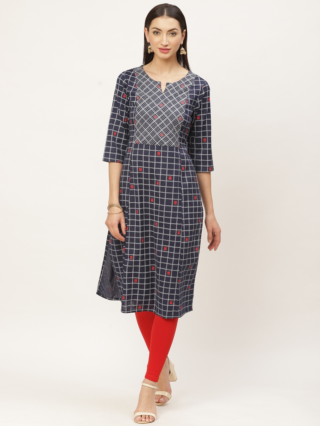 

ZIZO By Namrata Bajaj Women Navy Blue & White Checked Straight Kurta