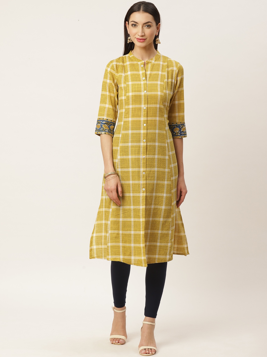 

ZIZO By Namrata Bajaj Women Mustard Yellow & White Checked A-Line Kurta